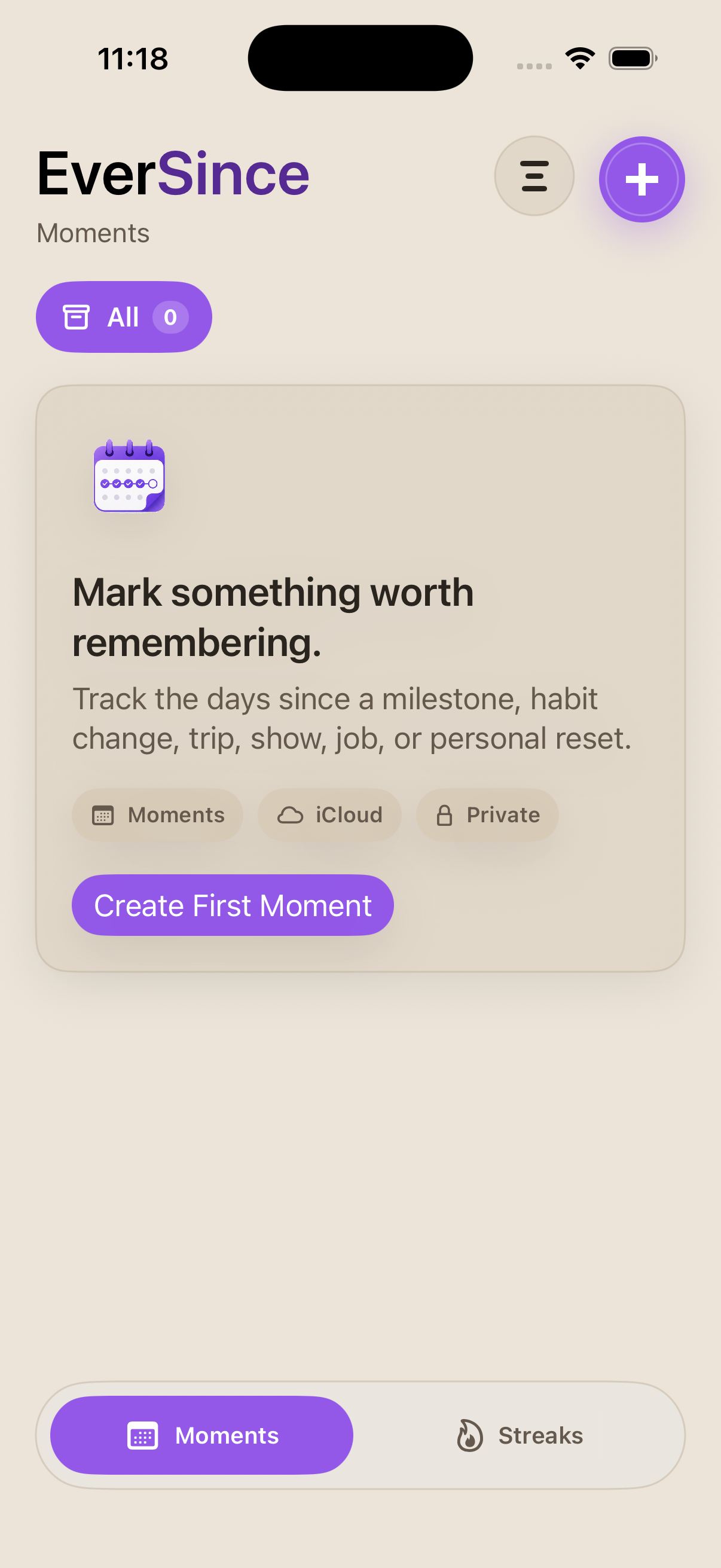 EverSince iOS app showing the Moments tab with the current EverSince wordmark, empty-state card, and bottom tab bar.
